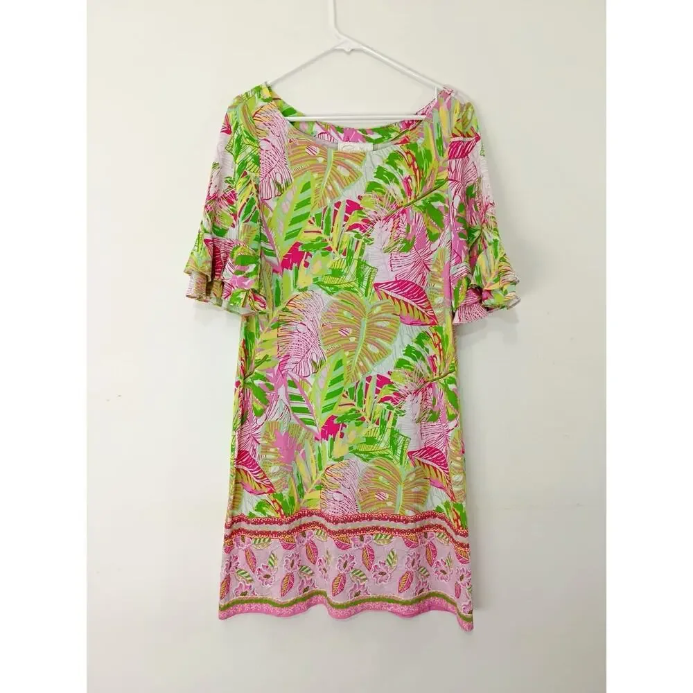 Pappagallo Women’s Oasis Shift Dress Flutter Sleeve Pink Green Tropical Beach L